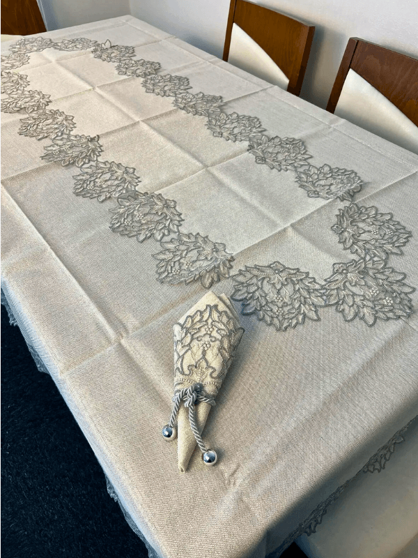Stone Color Fabric Gray Guipure Colored Linen Tableware Set with Lace for 12 Persons (26 PIECES) 160x220 cm 