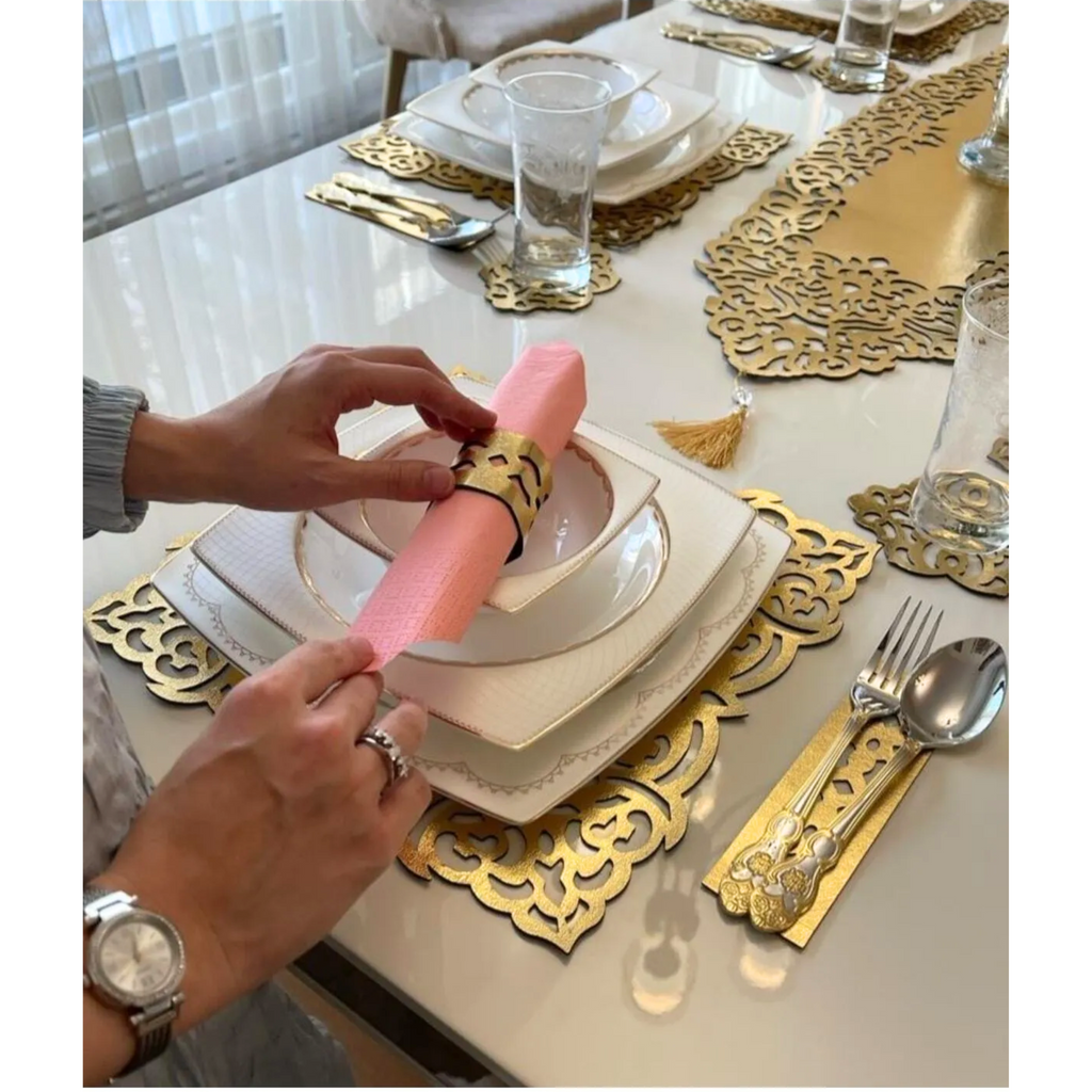 USKUDAR Gold Cutwork Table Runner Service Set SEHARA