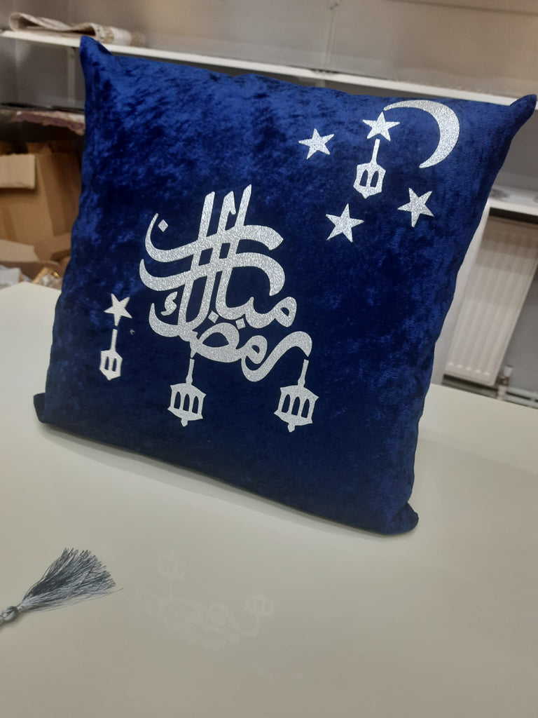 Ramadan Velvet Blue Shiny Silver Pillowcase 40*40 cm. (15.7*15.7 inch) Decorative Cushion